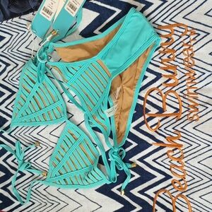Beach Bunny Hard Summer XL Tri Top Tie Side Skimpy Bottom Aqua NWT